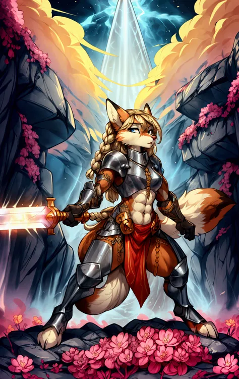 anthropomorphic fox, female, knight armor, long flowing flowery braided blonde hairstyle, wielding a sword, ox guard sword stanc...