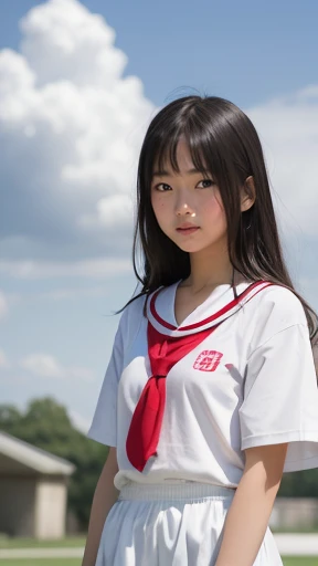 muste piece, Top quality, 8k, , japanese girl,10yo, slender, Raw photo, Absurd, award-winning portraits, (detailed face, shy smile)、{3 | 2} Girl standing in schoolyard, Cumulonimbus clouds floating in the summer sky, Women&#39;s navy blue competitive swims...