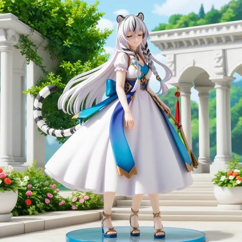 ((masterpiece)), 1girl, solo, long hair, ((Bud hair style)), white hair, two-tone hair, mature woman, full body, standing, ((lilac dress)), ((white dress)), ((multicolored dress)), smile, perfect slim figure, royal palace scenery, closed eyes, white tiger ...