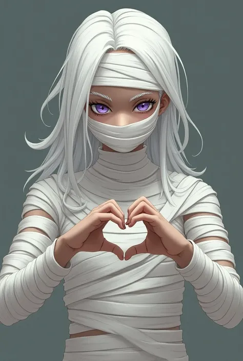  a very handsome man in bandages , full length, belt, a mummy,  one eye is covered with a bandage , loish art, october vibe, Halloween season, 2D Digital Art, olive skin, anime art, white long hair, white long eyelashes,  purple eyes , Mysticism, posing,  ...