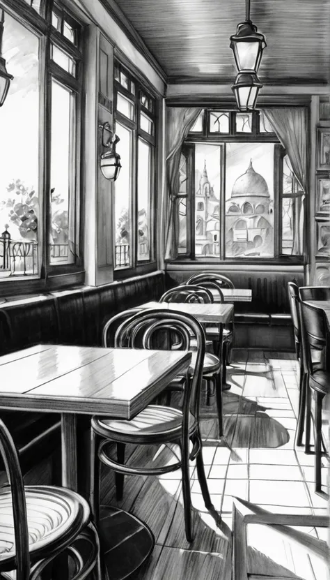 monochrome, pencil sketches, cafe scenery, old master