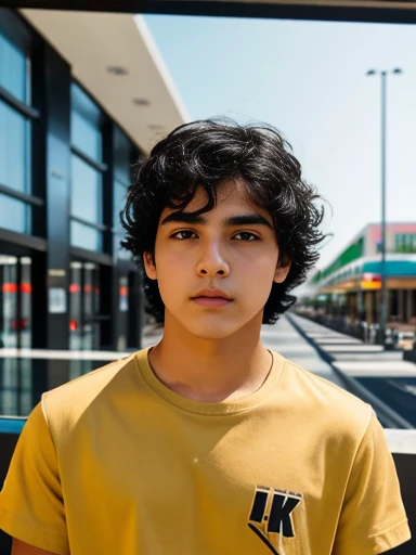 Image in 8k or higher of a man, Spanish teenage man, shirt, black hair, mall interior background 