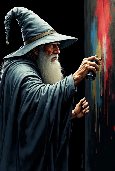 Lord of the Rings Gandalf, with the face of actor Ian McKellen, spraying colourful graffiti stains on the wall. Gandalf wears a grey wizards robe and a pointy wizards hat. He is facing towards the wall. The whole image has a black background. Fantasy style...