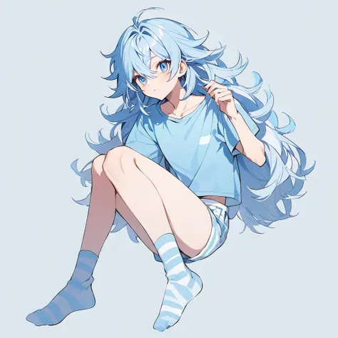 young adult, skinny body, femboy, Big hair (light blue hair), bright blue eyes, wearing a light blue t-shirt striped with white, light blue cueca, light blue socks with white stripes
