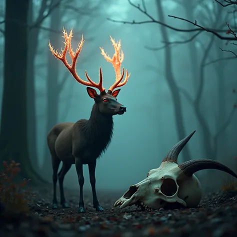 A surreal, falling shadow, anaglyph, stereogram, tachie, throwing, atmospheric perspective, 8k, super detailed, precise, best quality, a deer with glowing antlers, a detailed close-up of a skull with horns, dramatic lighting, chiaroscuro, cinematic composi...