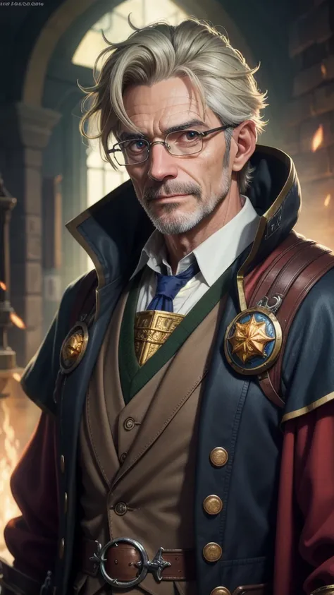 a middle aged alchemist professor, man, anime art style, detailed face, beautiful eyes, detailed clothing, detailed magical elements, cinematic lighting, vibrant colors, highly detailed, 8k, photorealistic