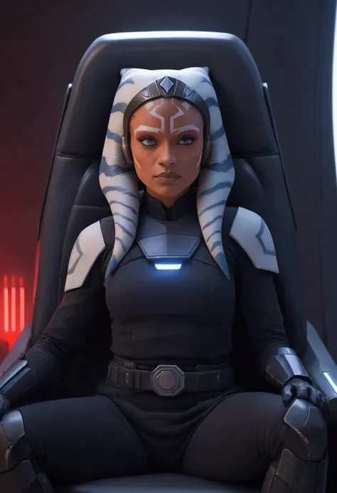 aahsoka and red eyes sits confidently on a modern-looking chair. she is dressed in a white military uniform that includes a rank...