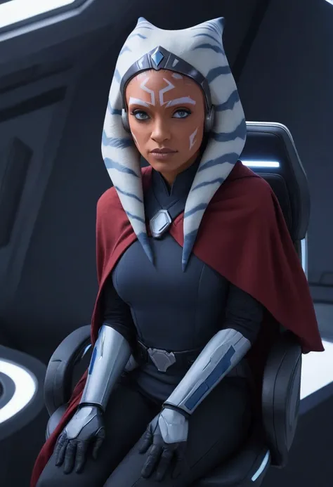 aahsoka and red eyes sits confidently on a modern-looking chair. she is dressed in a white military uniform that includes a rank...