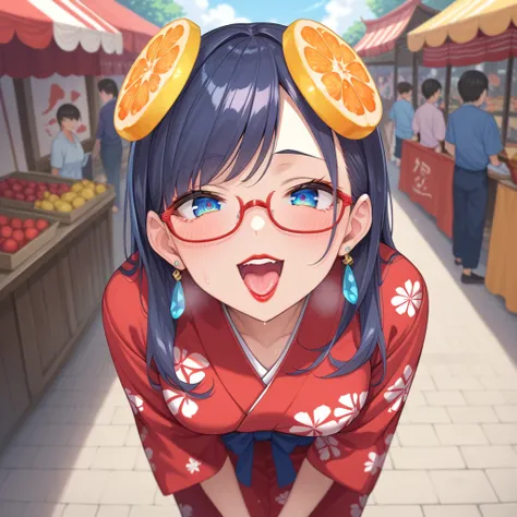 Anime cap, pro shot, top angle, perfect body, leaning forward, gaze to viewer, mature woman, (red yukata with lemon print: 1.5), (peeling and sucking grapefruit: 1.5), (festival stall: 1.5), (blue sapphire eyes, very complex and precise, large round droopy...