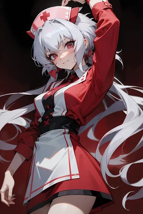 silver hair twintails,yukine chris,alluring , nurse、punk fashion、headbanging 、red clothes、lol、sharp、