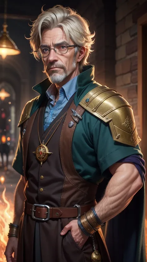 a middle aged alchemist professor, man, anime art style, detailed face, beautiful eyes, detailed clothing, detailed magical elements, cinematic lighting, vibrant colors, highly detailed, 8k, photorealistic