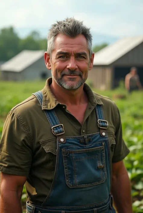 50 years old man, sturdy build, with graying hair and brown eyes. face marked by some wrinkles, with slightly tanned skin from the sun. He has a strong jawline and a serious expression, but is capable of genuine smiles. Open Farm background with greenhouse...