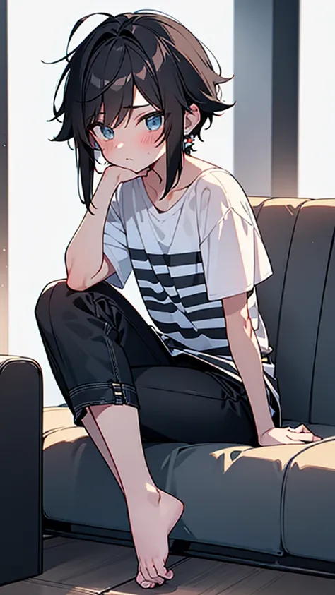 Young boy femboy white skin disheveled black hair grunge hair disheveled grunge female face beautiful beautiful body sexy detailed curves detailed backrest detailed striped t-shirt with denim shot short tight detailing buttocks bare feet blushed sexy vulne...