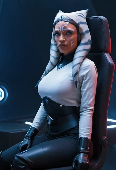 aahsoka and red eyes sits confidently on a modern-looking chair. she is dressed in a white latex military uniform that includes ...