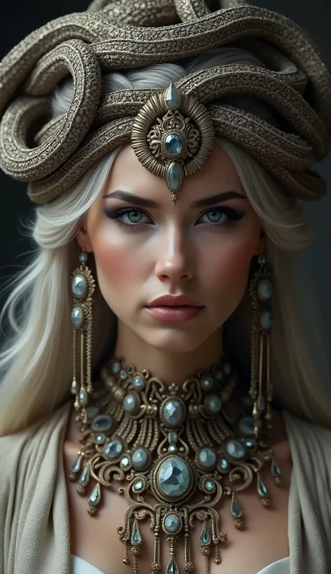 "A captivating woman with intricate, ornate jewelry and headgear, reminiscent of regal or ancient royalty. Her headdress features detailed, coiled serpent-like designs, with gemstones and metallic filigree. Her eyes are intense and piercing, framed by soft...