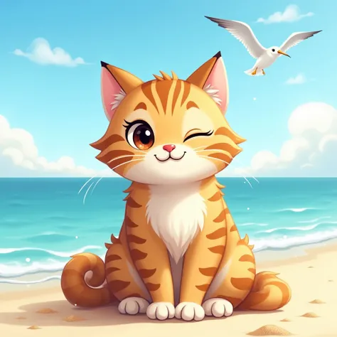 a cat smiling and winking at the sea side