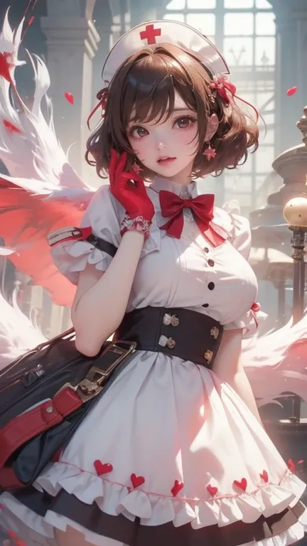 ((masterpiece,  Best Quality , (4K、Top)、character design，clothing design， Lolita Sorceress ， Gorgeous Dress ，[Gloves，curls， Very Intricate ，Beautiful， Shirt Dress ，bow tie，short hair，ribbon，bandage， Nurse Style ， Huge Syringe，Circle， Red Cross ，Y2K， Electr...