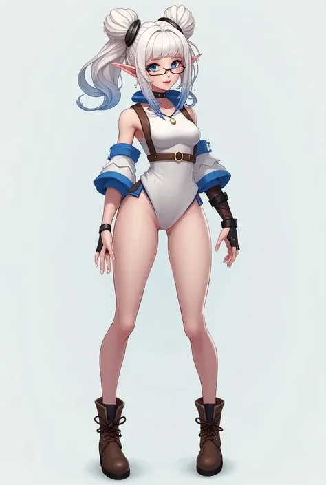 fortnite style girl with pointy ears, voluminous thighs,  thin waist blue eyes white hair double tied, wearing glasses, brown boots, sexy white dress with royal blue details, full body