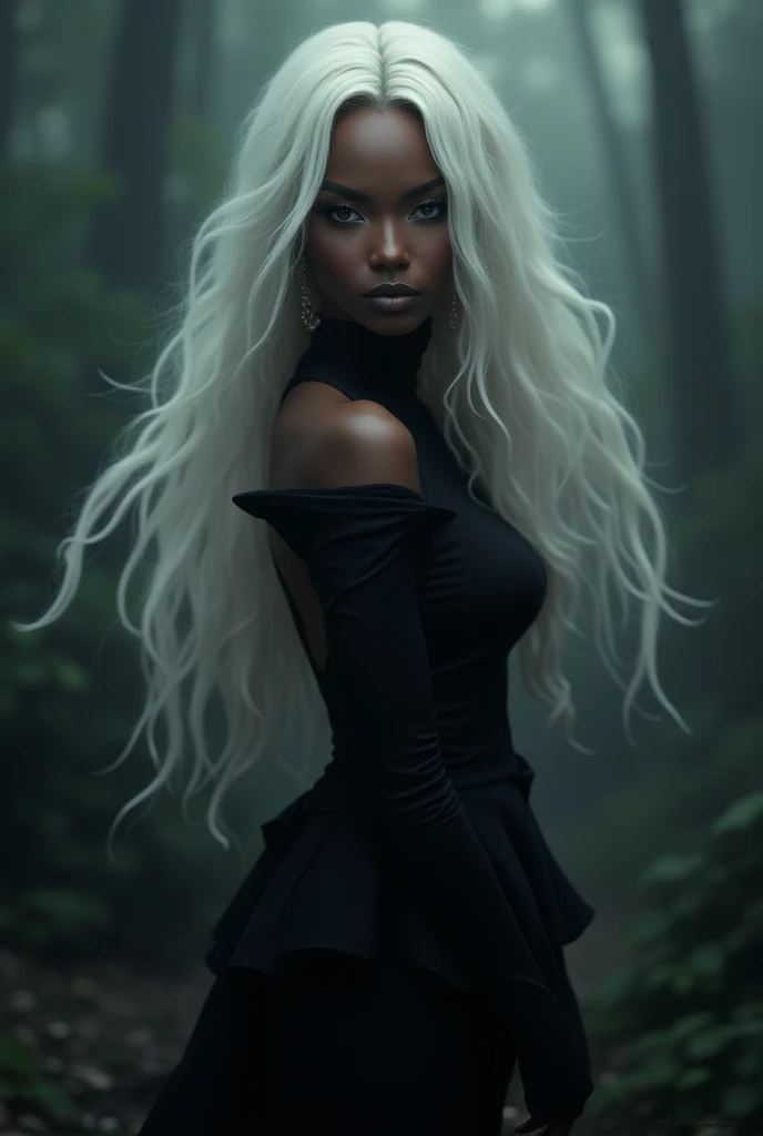 a black woman with long white hair, beautiful detailed eyes, beautiful detailed lips, extremely detailed face and features, long eyelashes, elegant expression, wearing an intricate black dress, standing in a dark, moody fantasy landscape, cinematic lightin...