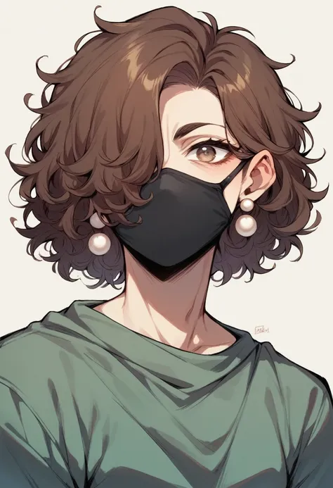 Draw a philosopher in his mid 20s, has really curly hair brown hair with light tips, striking hazel eyes, wearing a black mask over his eyes that hides his identity, has dangly pearl earrings. Making eye contact.