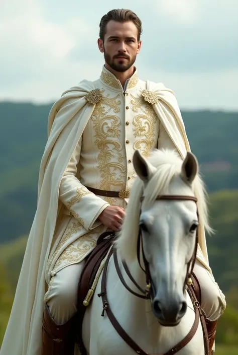 A medieval gentleman all in white and gold riding a white horse