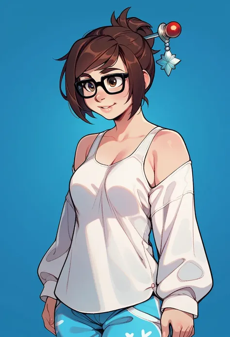 score_9, score_8_up, score_7_up, BREAK,  portrait, blue background, 1girl, solo, mei (overwatch), pajamas, oversized shirt, white shirt, blue pants, medium hair, undershirt, tank top, long sleeves,