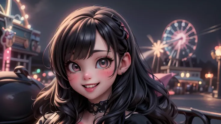 a cute vampire girl having fun at an ((amusement park)) at night, dynamic pose, olorful lights, having fun at a roller coaster, (best quality,4k,8k,highres,masterpiece:1.2),ultra-detailed,(realistic,photorealistic,photo-realistic:1.37),vibrant colors,cinem...