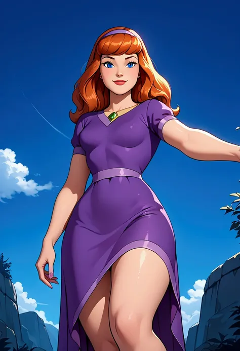 score_9, score_8_below,
daphne blake, 1 girl,red hair,long hair, blue eyes, (:1.1), purple dress,show black panties,exposed legs...