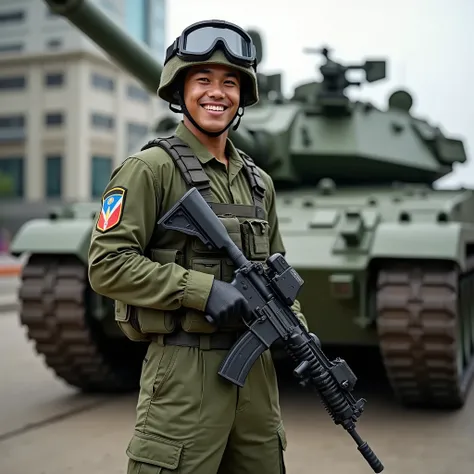 A Confident Male Filipino Marine Soldier Full Body in his 20s happy standing smiling and posing in a Filipino  Marine Base in Downtown Manila, Philippines wearing a Filipino Marine helmet with Filipino Marine goggles with a green Filipino Marine fatigue to...