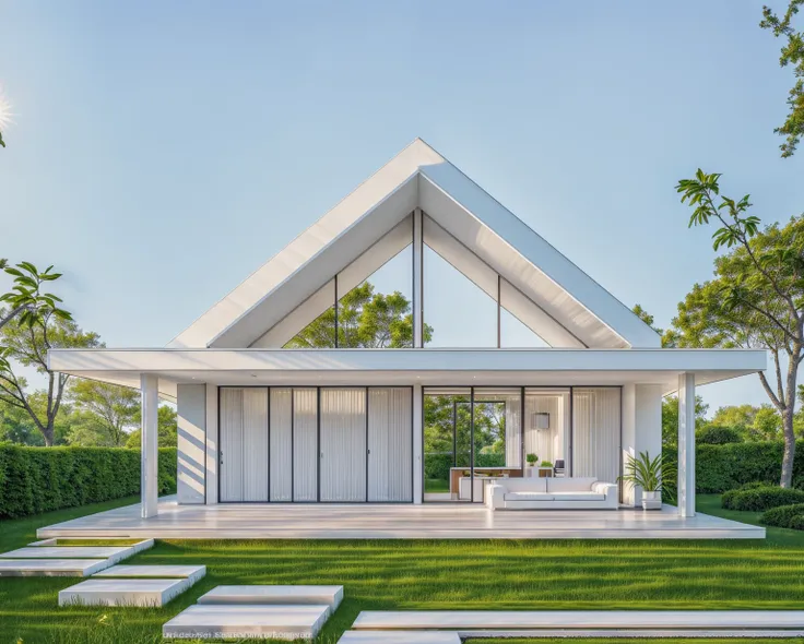 platform kthouse, many beautiful white flowers along the garden:1.3, romantic, a minimalism house, white walled townhouse, beaut...