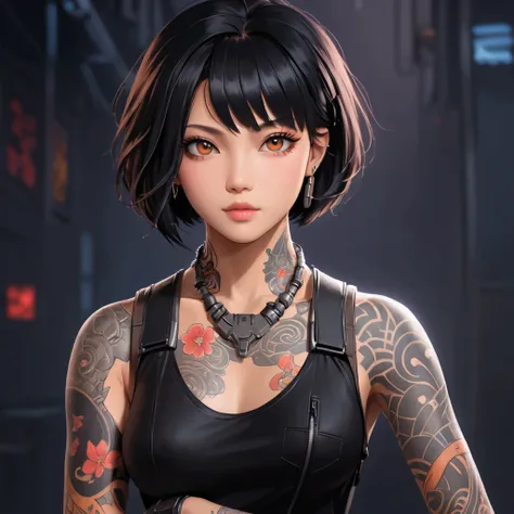 a close up of a woman with tattoos on her arms, unreal 5. rpg portrait, cyberpunk judy alvarez, the cyberpunk girl portrait, jet black haired cyberpunk girl, loba andrade from apex legends, inspired by Leng Mei, realism artstyle, cyberpunk beautiful girl, ...