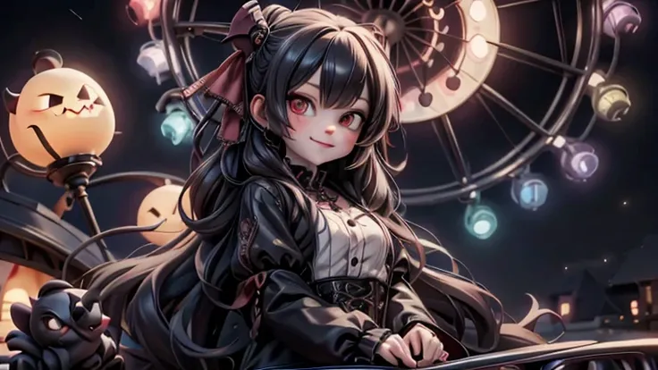 a vampire girl at an vampiric amusement park at night, ferris wheel, roller coaster, carousel