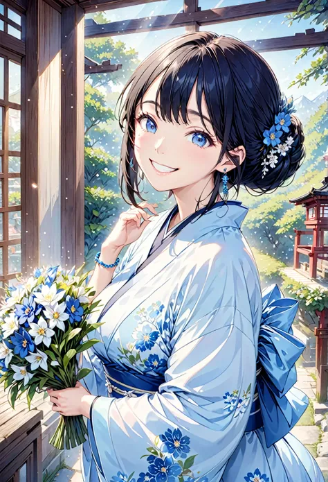 thin、cute、A shrine with a majestic atmosphere 、One Woman、(Kimono with a blue floral pattern :1.5), bracelet,Earrings、 Large amounts of light particles spread all over the screen .、Long black hair, Large Breasts、(((Big smile)))、First Person View、 anatomical...