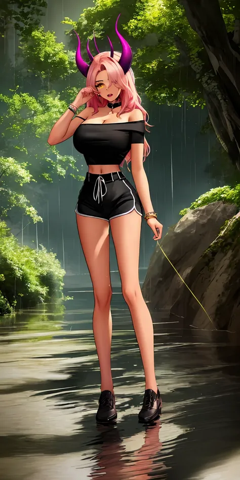 masterpiece, ultra high-quality, extremely detail 8k cg, high resolution, 1girl, mature female, trickywi, pink hair, horns, dark skin, hair over one eye, dark-skinned female, yellow eyes, navel, bare shoulders, cleavage, bare shoulders, jewelry, large brea...