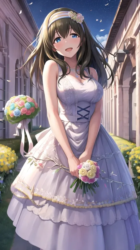 masterpiece, best quality, highres, aafumika, idolmaster, long hair, hairband, wedding dress, standing, garden, confetti, holding bouquet, smile, open mouth, 