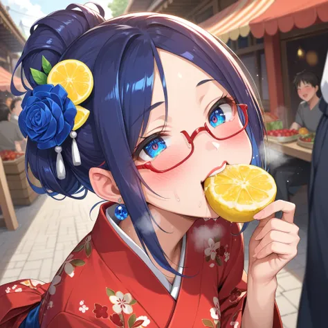 anime cap, pro shot, top angle, perfect body, leaning forward, gaze, mature woman, (red yukata with lemon pattern: 1.5), (eating...