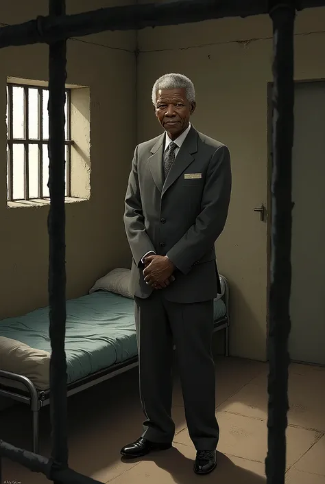 realistic illustration of a young nelson mandela in his robben island prison cell. he is staring out of the barred windows