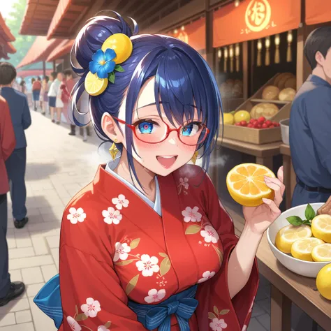 anime cap, pro shot, top angle, perfect body, leaning forward, gaze, mature woman, (red yukata with lemon pattern: 1.5), (eating...