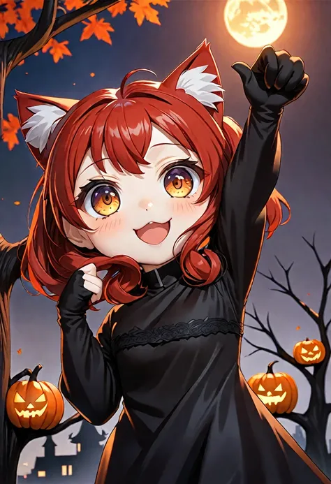 cat girl, chibi, cat girl-Ichigo Kurosaki (Shinigami), dressed in full black with red stripes Shihakushō, Shinigami style , red hair,  brown eyes ,  reaches for the ,  that hangs on a tree , ,  hanging on ebony  ,  tree without leaves ,  curved tree  ,  tr...