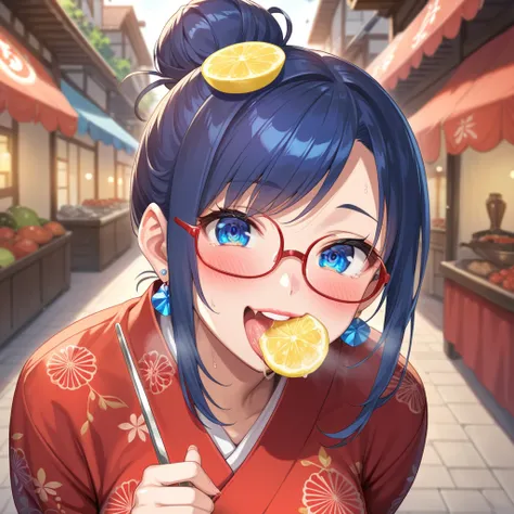 anime cap, pro shot, top angle, perfect body, leaning forward, gaze, mature woman, (red yukata with lemon pattern: 1.5), (eating...