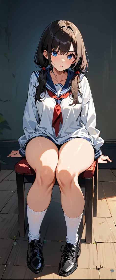 ( highest quality , 4k,  masterpiece :1.3), beautiful woman, 1 girl, he saw, (chest, attractive body :1.2), COWBOY SHOT, Actually, YEAH.:1.1, dark black hair: 1.1, sailor suit,  super detailed face ,  Lip details , beautiful eyes, Double eyelid, pigtails, ...