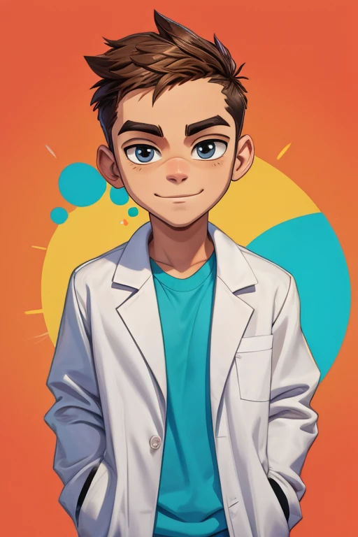 Make me an image of a teenager , cartoon style, with short hair almost bald and wearing a lab coat.