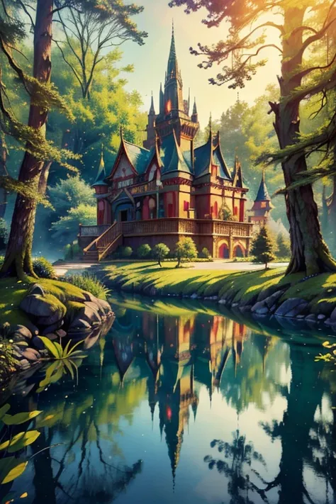 A beautiful, intricate palace, inspired by the iconic Snow White Disney animation, set amidst a lush, enchanted forest landscape, with ornate architecture, sweeping turrets, and delicate detailing, (best quality,4k,8k,highres,masterpiece:1.2),ultra-detaile...