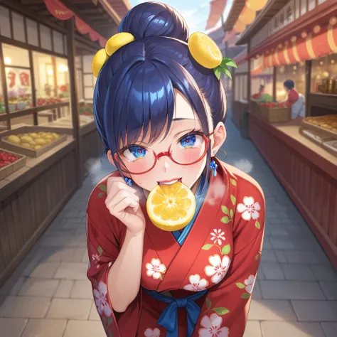 anime cap, pro shot, top angle, perfect body, leaning forward, gaze, mature woman, (red yukata with lemon print: 1.5), (eating o...