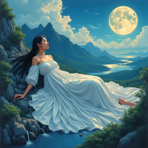 a gigantic scale woman with braided black hair, aged 23, lying on the japanese island chain as her bed, using the clouds as her blanket, full moon, dynamic acrylic painting, close-up, cell shading, nightgown made of hills, mountains, rivers, forests, stunn...