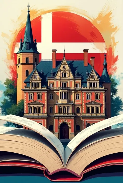 Denmark inside a open book in the middle of an ads poster 
I meant the denmark University building are made in the book not outside be Creative so that i can use on poster
Yes like this one use more colourful and use denmark flag