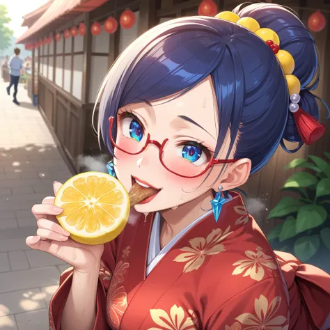 anime cap, pro shot, top angle, perfect body, leaning forward, gaze, mature woman, (red yukata with lemon print: 1.5), (eating o...