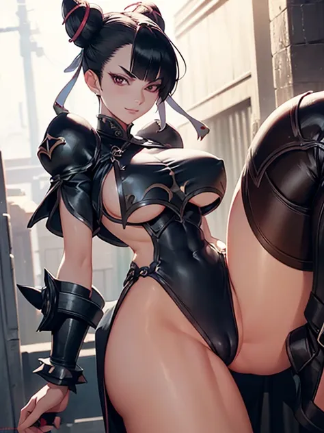 young woman,short black hair , badass , full ancient armor,toned thighs,Evil Smile,juri han,hair horns,body details
