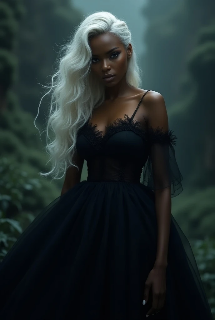 a black woman with long white hair, beautiful detailed eyes, beautiful detailed lips, extremely detailed face and features, long eyelashes, elegant expression, wearing an intricate black dress, standing in a dark, moody fantasy landscape, cinematic lightin...