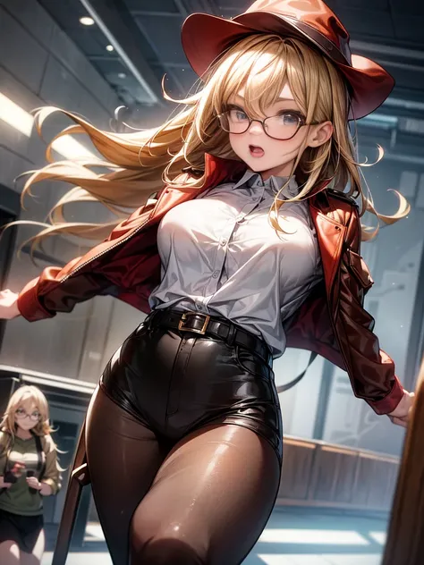 Wearing a hunting hat, One girl wearing red tights ,  shoulder-length blond hair,  black rimmed glasses , Wear a brown leather jacket,  wearing a white shirt, She is characterized by bouncing 